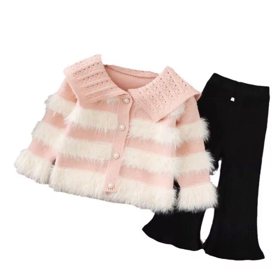 Girls Winter Two-Piece Set - Crochet Collar & Bell Bottom