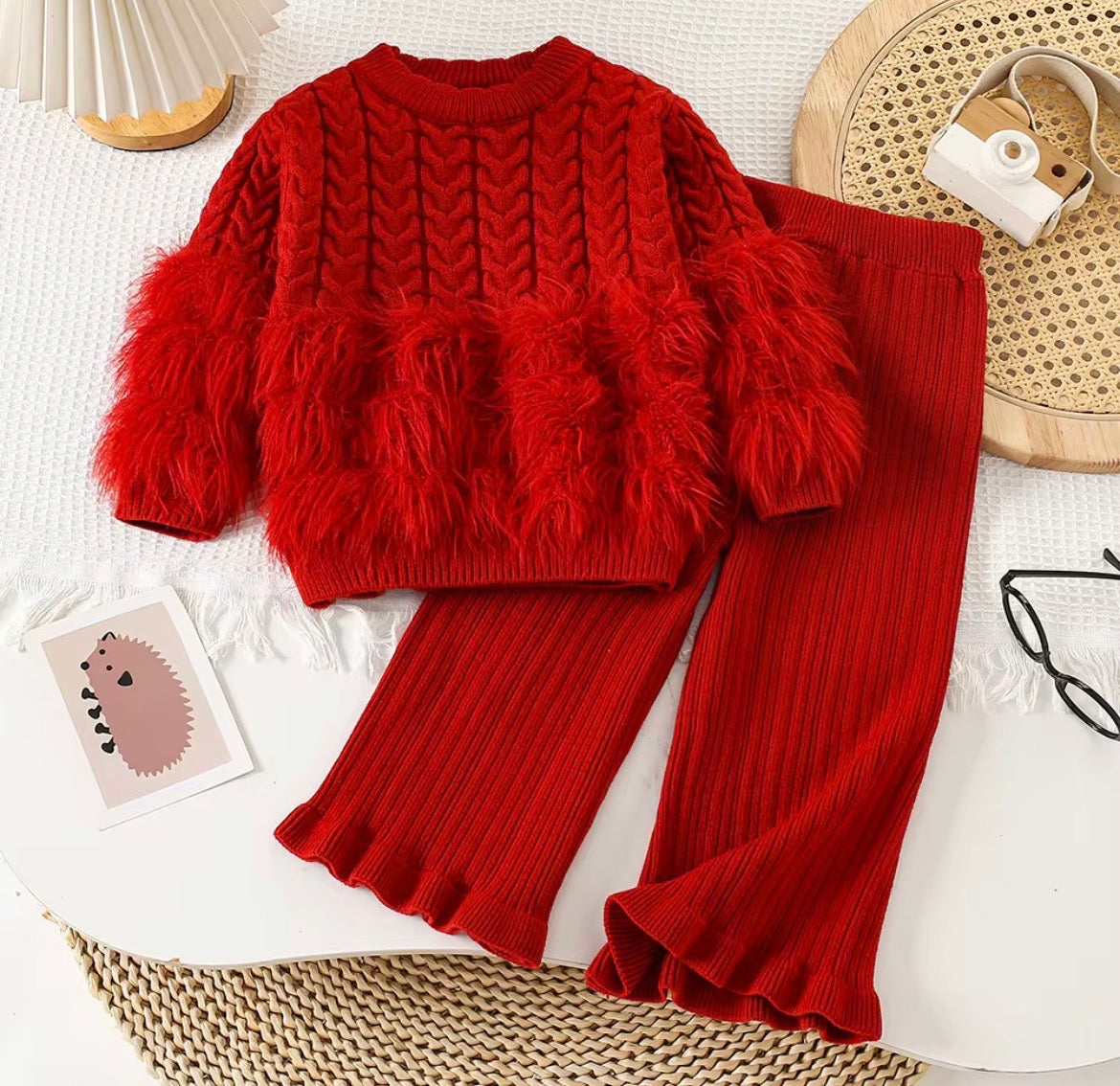 Kids Woolen Two-Piece Set - Fur Trim Top & Frill Pants