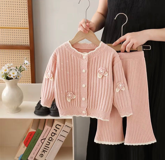 Girls Woolen Two-Piece Set - Crochet Flowers & Rose Button Top