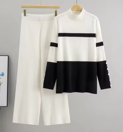 White & Black Turtleneck Knit Cord Set