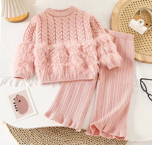 Kids Woolen Two-Piece Set - Fur Trim Top & Frill Pants