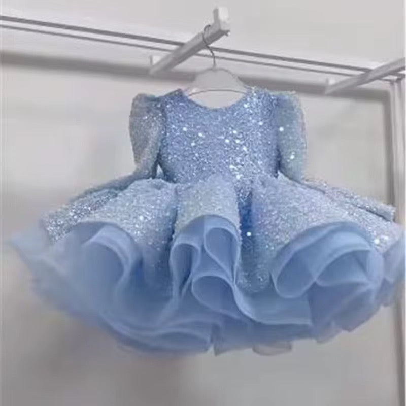 Sky Blue Sequin Birthday Dress with Full Sleeves