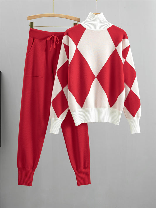 Argyle Diamond 2-Piece Turtleneck Knit Cord Set