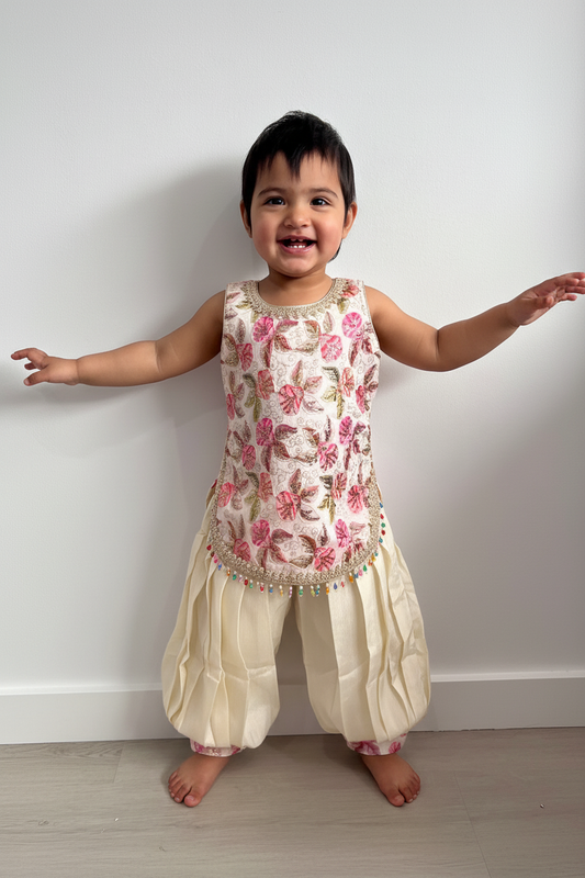 Baby Girl Cream Floral Embroidered Kurti with Patiala Pants and Dupatta