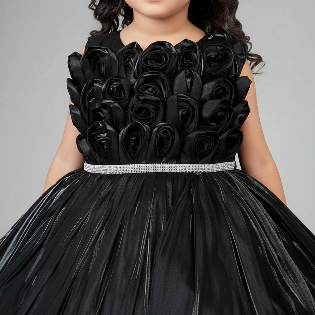 Close-up Black 3D Rose Bodice Bubble Skirt Girls Party Dress