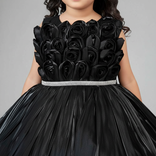 Close-up Black 3D Rose Bodice Bubble Skirt Girls Party Dress