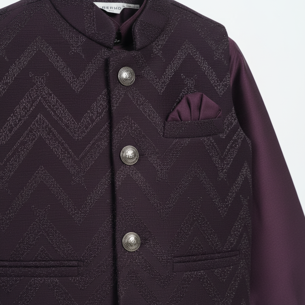 Close-up Deep Purple Jacquard Nehru Jacket with Silver Buttons