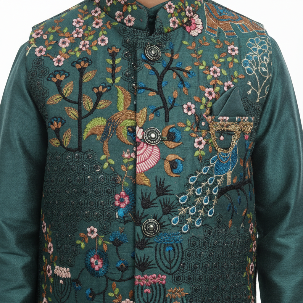 Close-up Teal Embroidered Nehru Jacket with Peacock & Floral Motifs