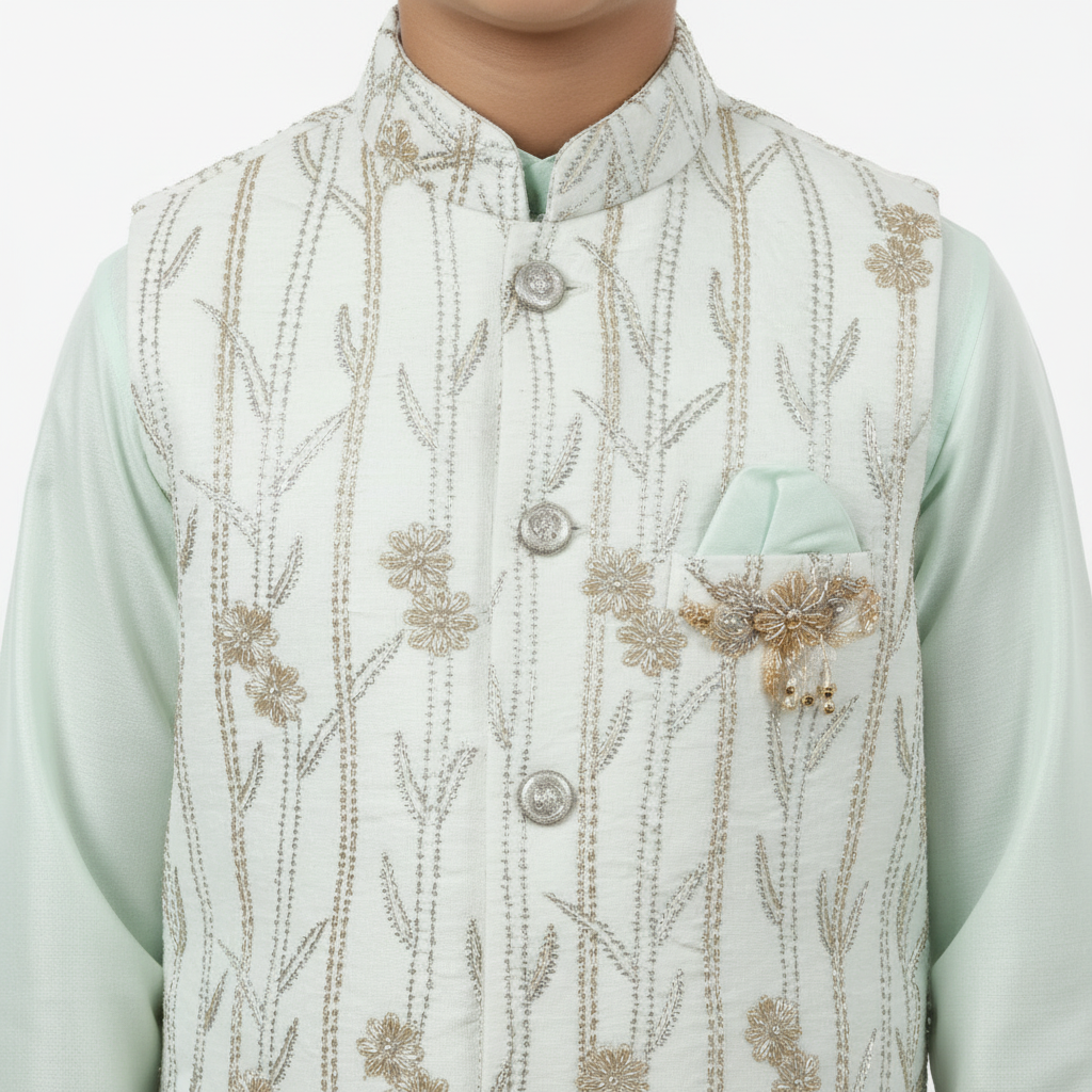 Close-up White Embroidered Nehru Jacket