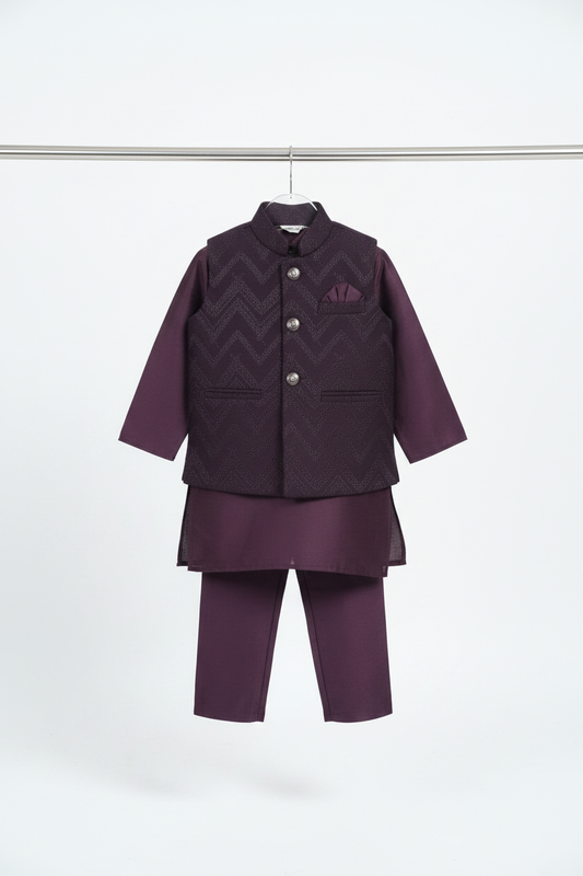 Deep Purple Jacquard Nehru Jacket Kurta Pajama on Hanger