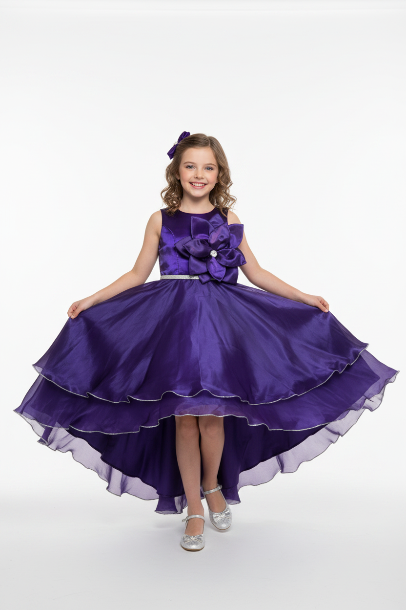 Royal Purple Satin Party Dress on Young Girl Model