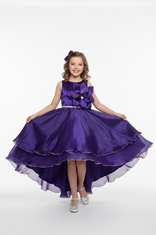Royal Purple Satin Party Dress on Young Girl Model