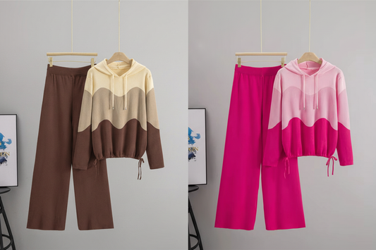 Wave Colour Block Hoodie Coord Set – Brown & Hot Pink Collage
