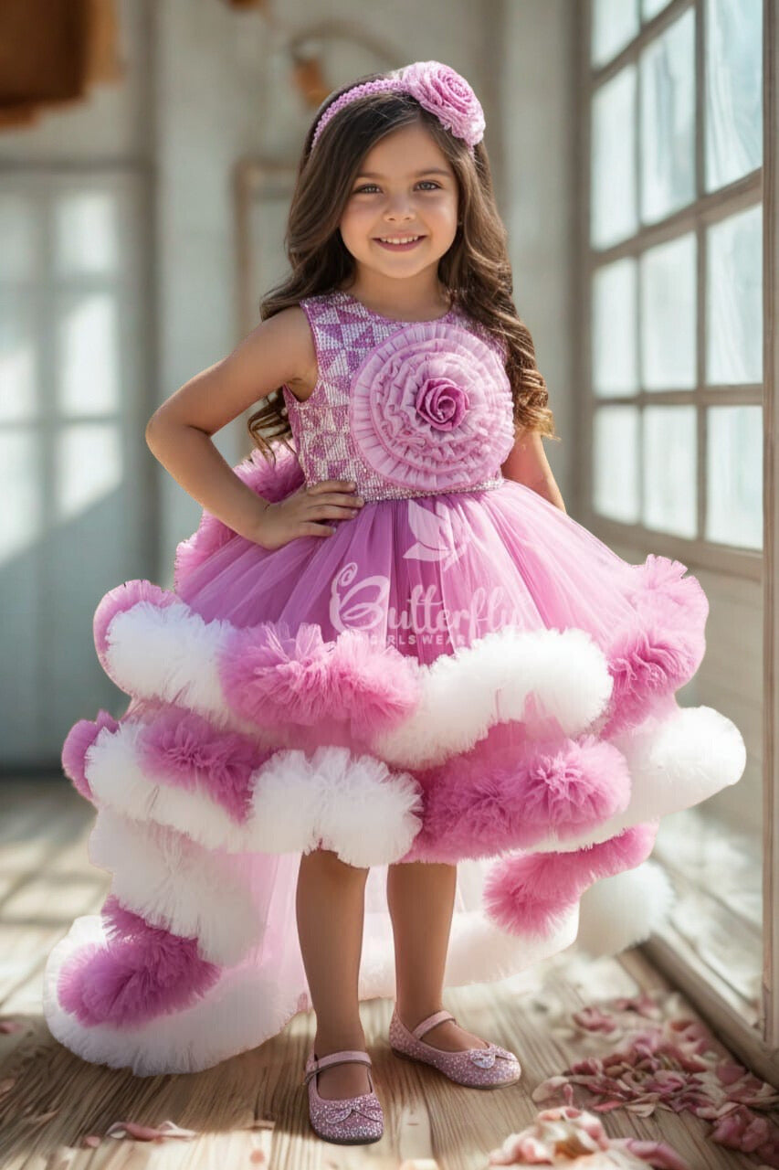 Pink & White Fluffy Ruffle Rosette Frock with Tail