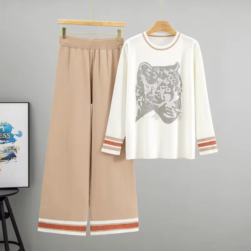 Women Winter Woolen Cord Set - Rhinestone Tiger Top & Wide-Leg Pants