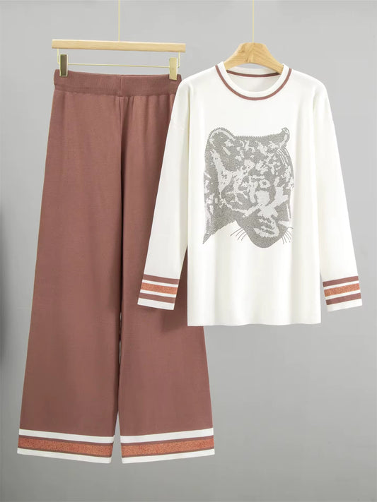 Women Winter Woolen Cord Set - Rhinestone Tiger Top & Wide-Leg Pants
