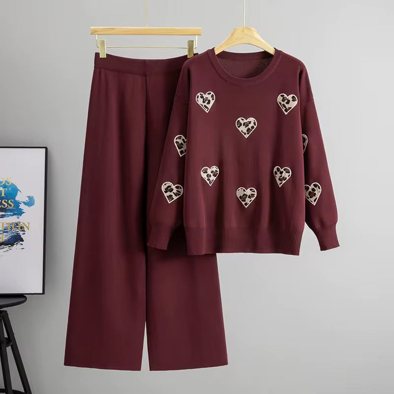 Maroon Leopard Heart Knit Cord Set