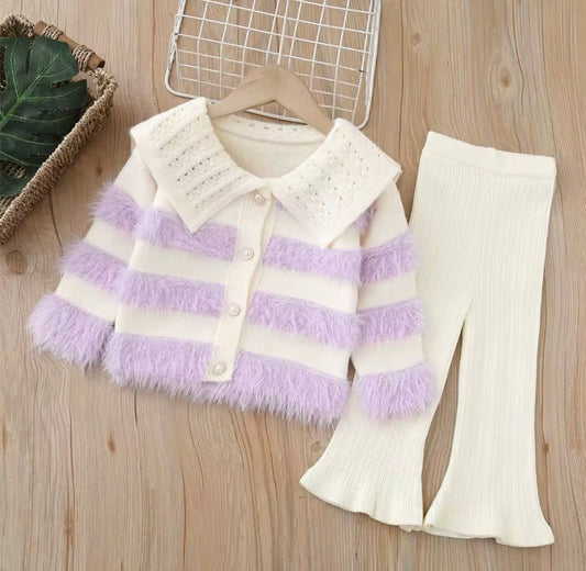 Girls Winter Two-Piece Set - Crochet Collar & Bell Bottom