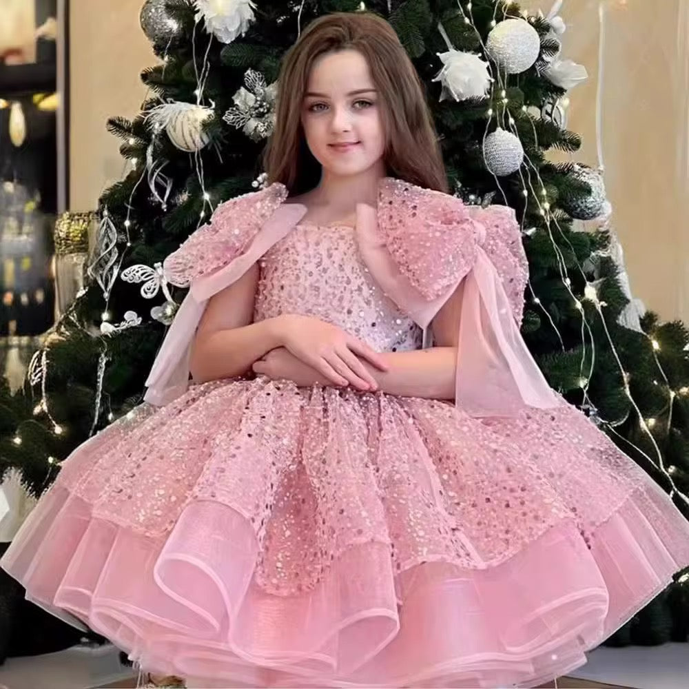 Peach Sequin Birthday Frock with Bow Frills