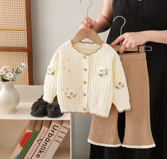 Girls Woolen Two-Piece Set - Crochet Flowers & Rose Button Top