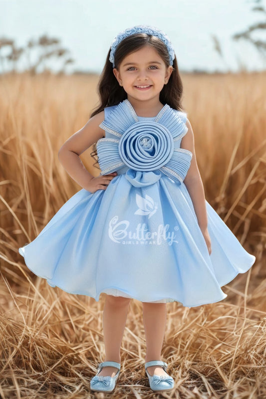 Sky Blue Shimmer Rosette Bow Birthday Dress
