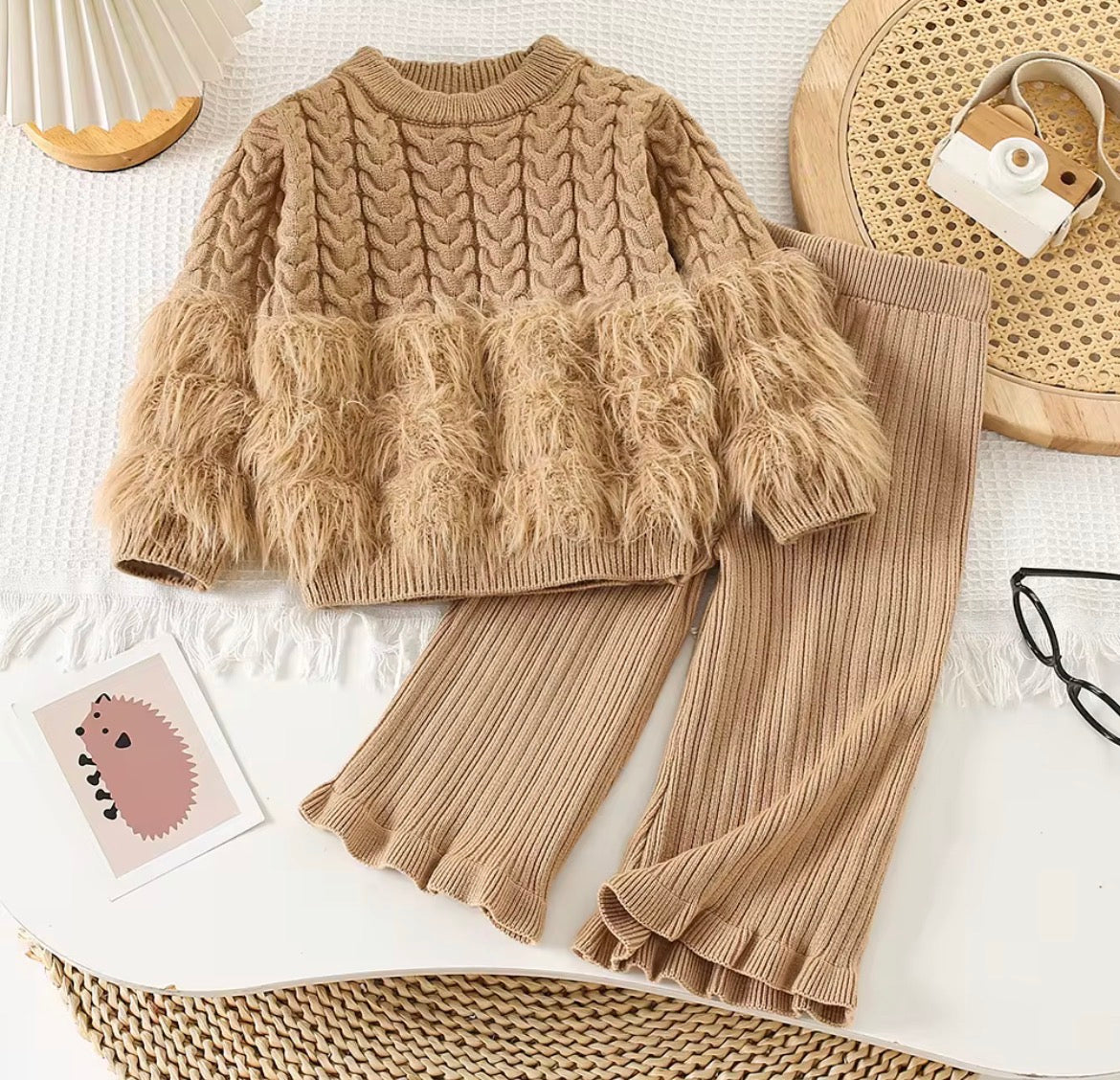 Kids Woolen Two-Piece Set - Fur Trim Top & Frill Pants