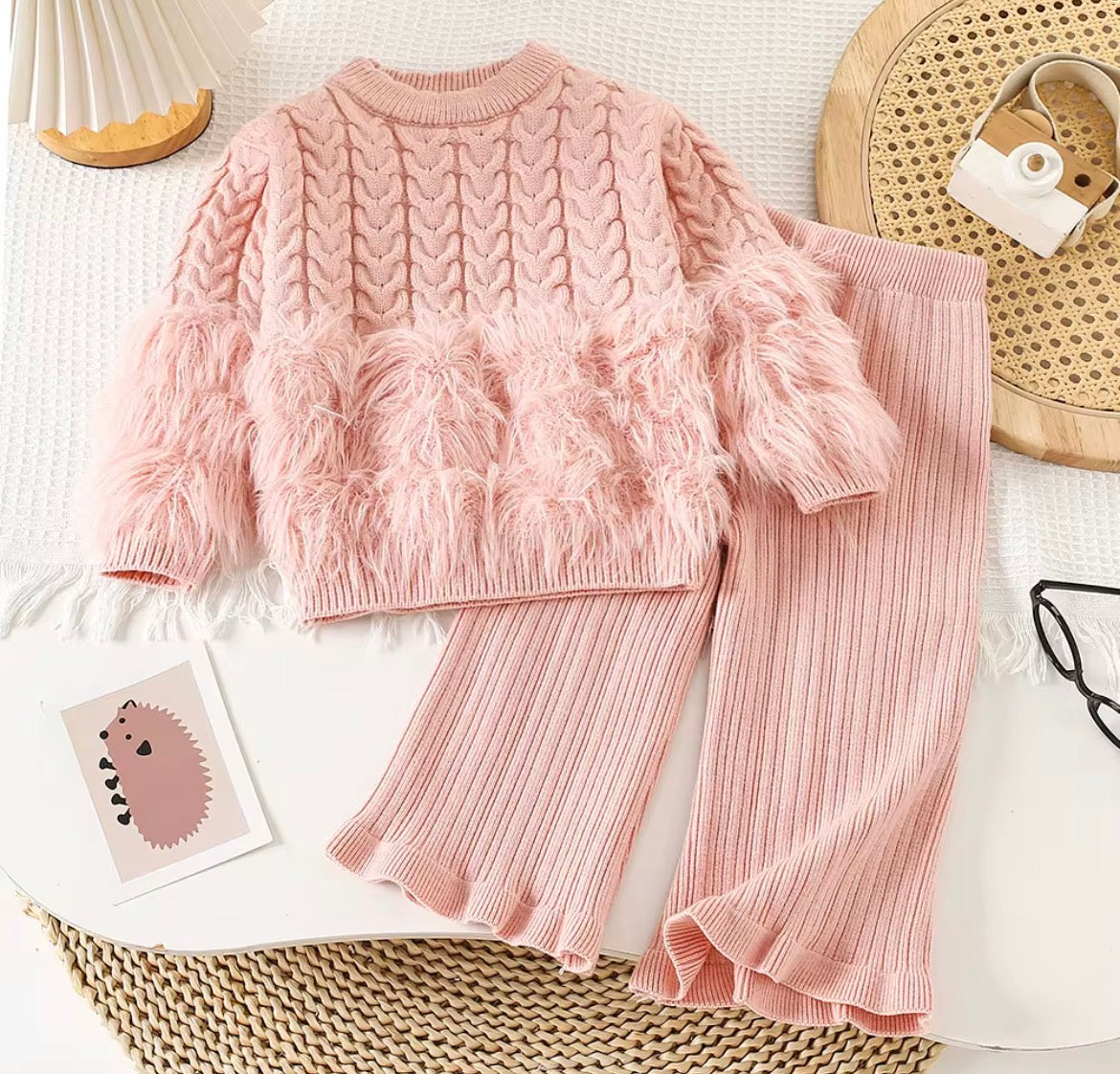 Kids Woolen Two-Piece Set - Fur Trim Top & Frill Pants