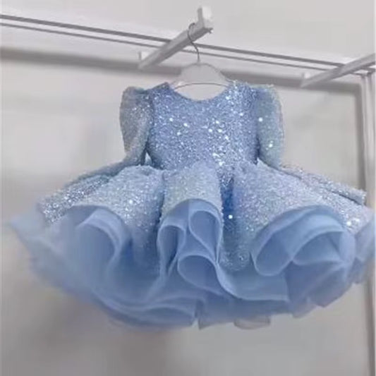 Sky Blue Sequin Birthday Dress with Full Sleeves
