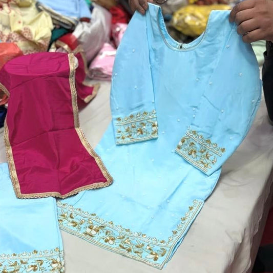 Sky Blue Handwork Suit with Hot Pink Dupatta