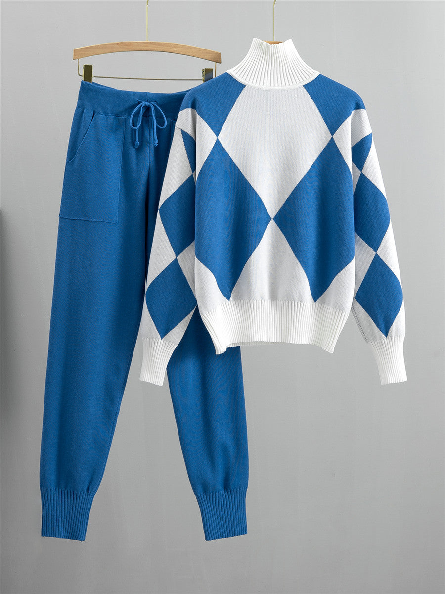 Argyle Diamond 2-Piece Turtleneck Knit Cord Set