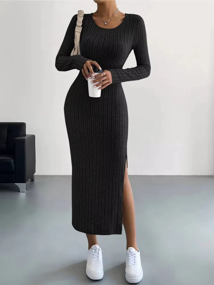 Ribbed Knit Side Slit Maxi Dress