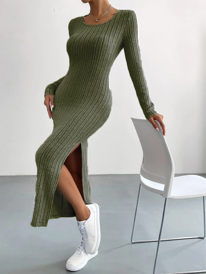 Ribbed Knit Side Slit Maxi Dress