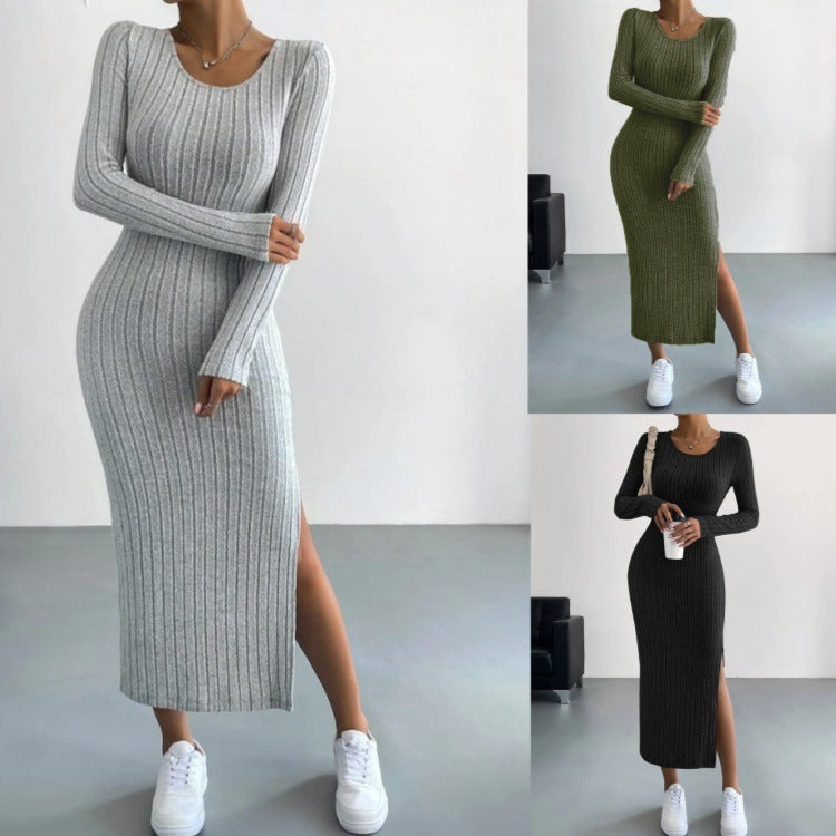Ribbed Knit Side Slit Maxi Dress