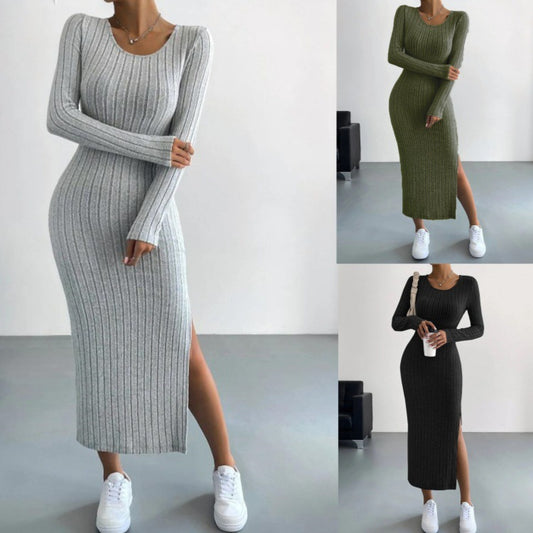 Ribbed Knit Side Slit Maxi Dress