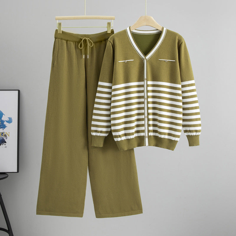 Stripe V-Neck Cardigan 2-Piece Knit Cord Set