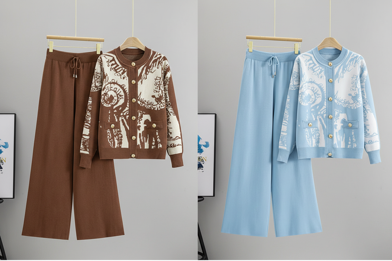 Abstract Swirl Cardigan Coord Set – Brown & Blue Collage