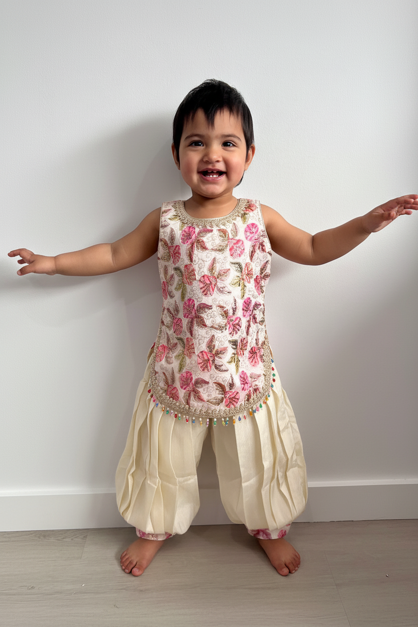Baby Girl Cream Floral Embroidered Kurti with Patiala Pants and Dupatta