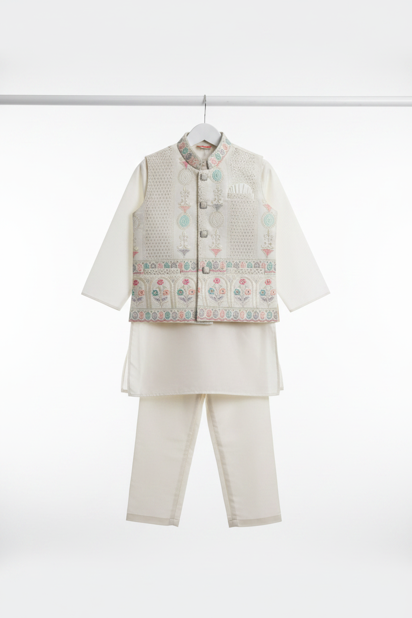 Boys Cream Ethnic Wear - Both Legs Visible