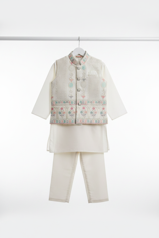 Boys Cream Ethnic Wear - Both Legs Visible
