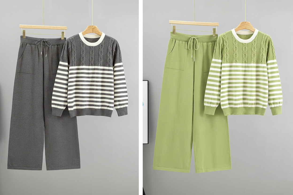 Cable Knit Stripe Panel Coord Set – Grey & Sage Collage