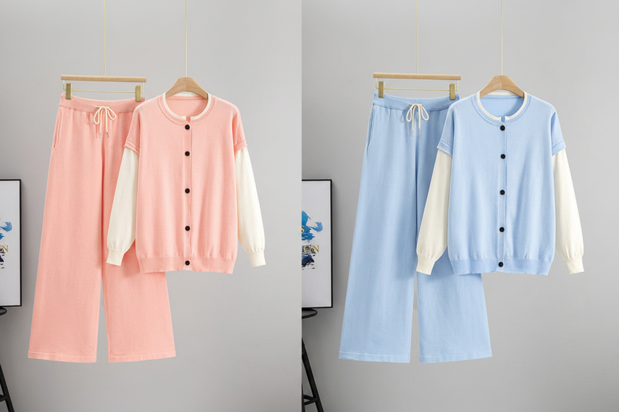 Colour Block Cardigan Coord Set – Pink & Blue Collage