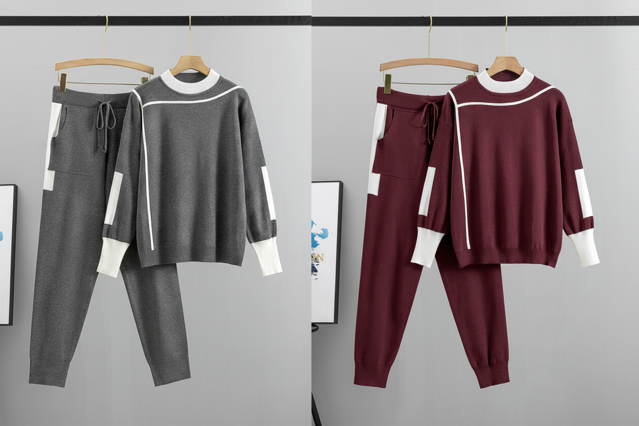 Colour Block Stripe Coord Set – Grey & Maroon Collage