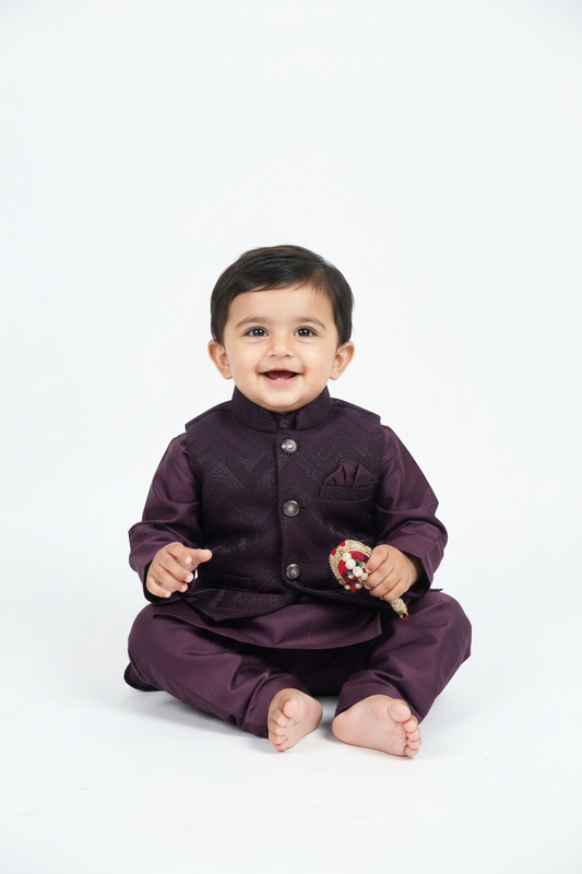 Deep Purple Baby Boy Ethnic Jacket Kurta Pajama on 1 Year Old Model