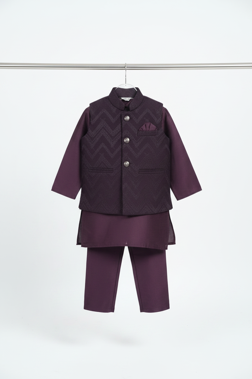 Deep Purple Jacquard Nehru Jacket Kurta Pajama on Hanger