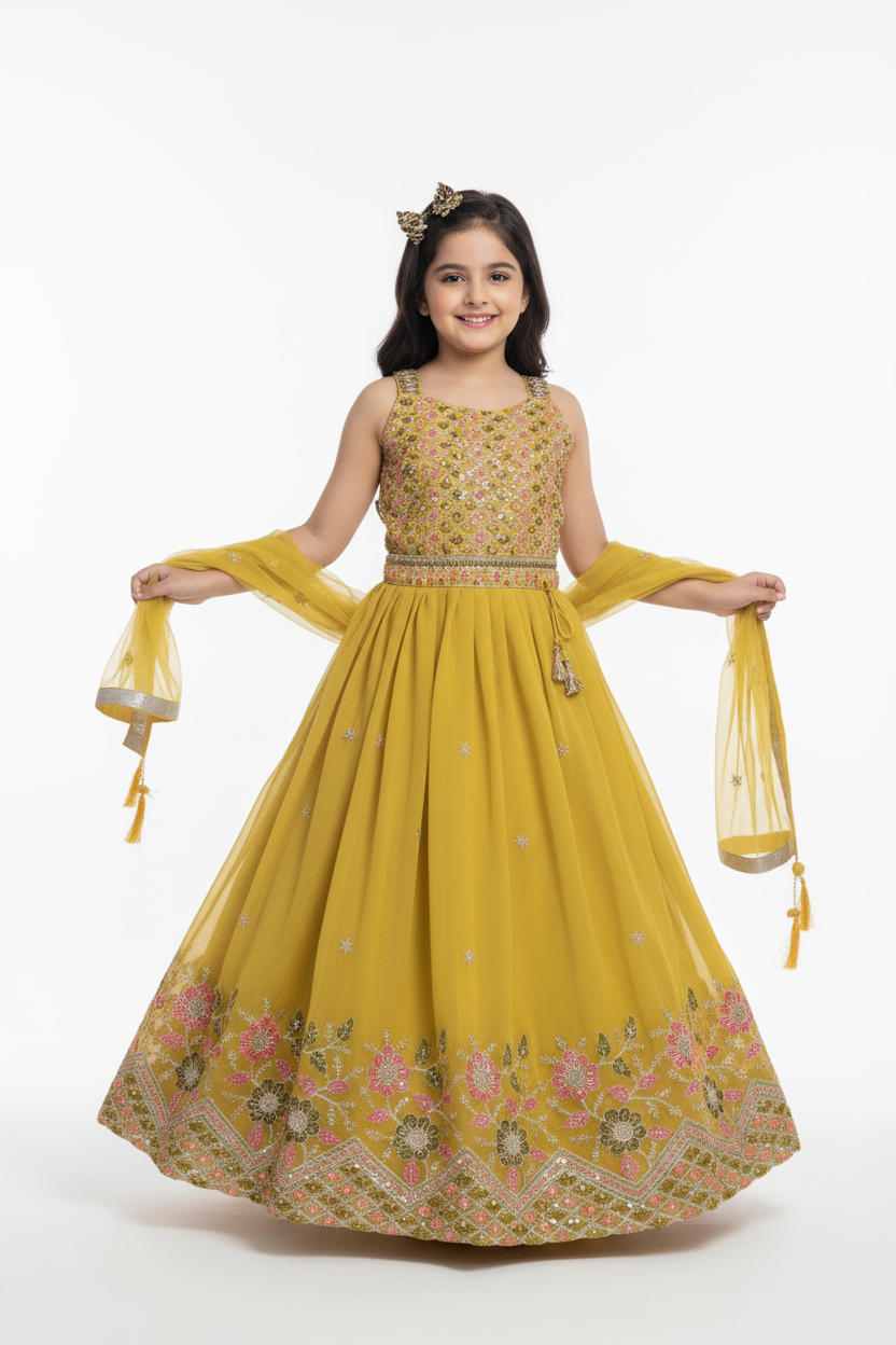 Golden Yellow Girls' Ethnic Lehenga