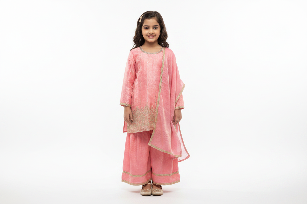 Model wearing Girls Pink Palazzo Lehenga Set