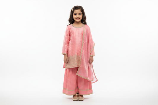 Model wearing Girls Pink Palazzo Lehenga Set