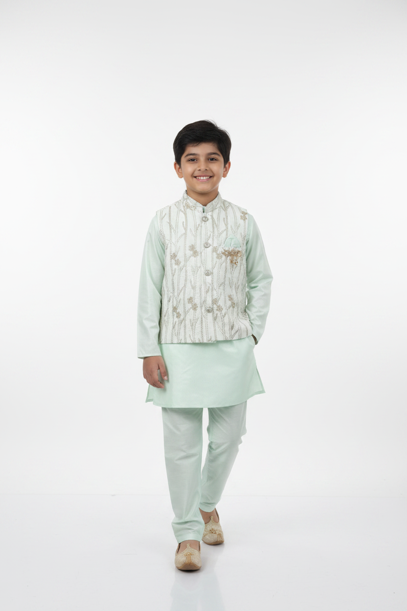 Mint Green Embroidered Jacket Kurta Pajama on Boy Model