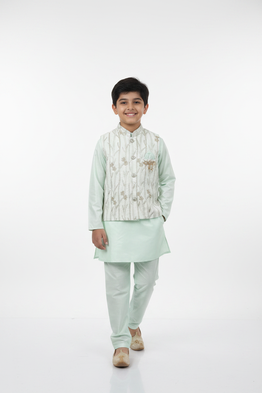 Mint Green Embroidered Jacket Kurta Pajama on Boy Model