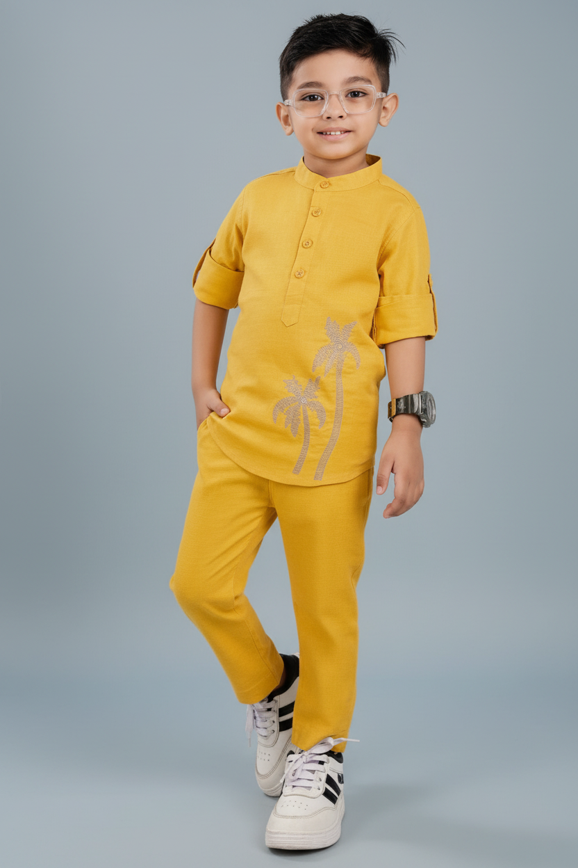 Mustard Yellow Boys Mandarin Collar Co-ord Set Recreated